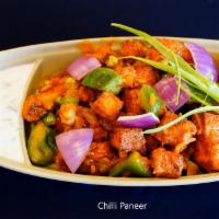 Chilli Paneer Dry · Spicy. Chef's favorite.  cubes of paneer (cottage cheese) batter fried tossed with schezwan ...