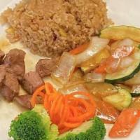 Hibachi Steak · W/zucchini, onion, carrot, broccoli. Add noodle sub rice for an additional charge.