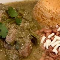 Chile Verde · Pulled pork with special green sauce, served with rice, beans and tortillas.