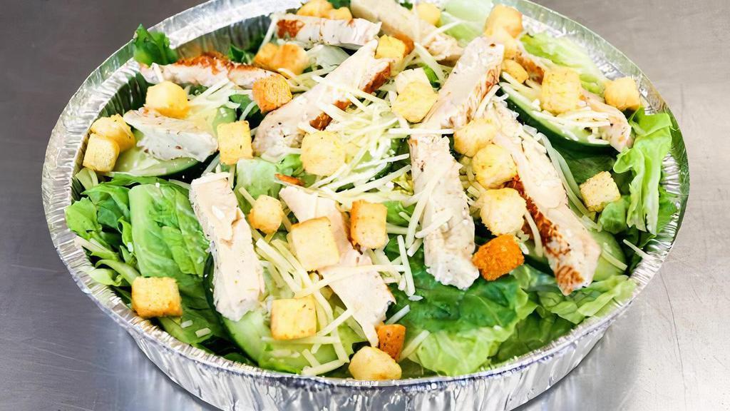 Chicken Caesar Salad (Large)  · Greens, grilled chicken, cucumbers, croutons, and shredded parmesan. Served with your choice of dressing.