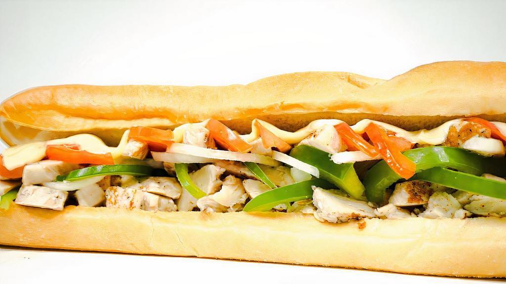 Chicken Fajita Sub (Regular) · Grilled chicken, onions, green peppers, tomatoes, and cheese topped with ranch dressing.