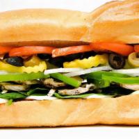 Grilled Veggie Sub (Regular) · Onions, green peppers, mushrooms, black olives, green olives, tomatoes, banana peppers, and ...