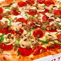 Supreme Gluten-Free Pizza · Pizza sauce, mozzarella, pepperoni, onion, green peppers, mushrooms, sausage, and Chanello's...