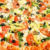 Big Boy Alexander The Greek Pizza · White sauce, spinach, onions, black olives, green olives, tomatoes, and feta cheese.