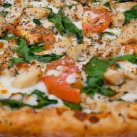 Chicken Florentine Gluten-Free Pizza · White sauce, mozzarella, tomato, spinach, chicken, and Chanello's dip.