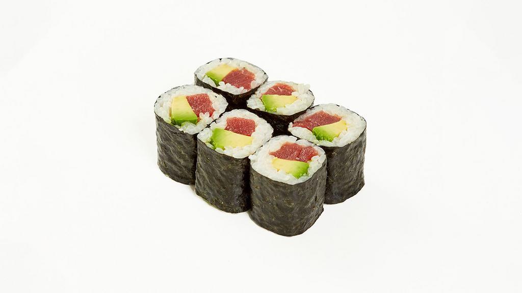 Tuna Avocado Roll · Tuna and avocado with sushi rice wrapped in nori.