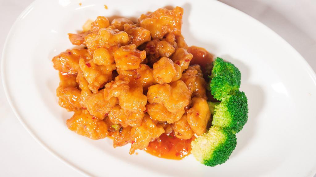 Sweet & Sour Chicken · Crispy fried chicken(white meat)w. Sweet and sour sauce.