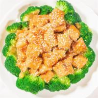 Sesame Fried Tofu · Fried crispy with a honey sesame sauce and broccoli.