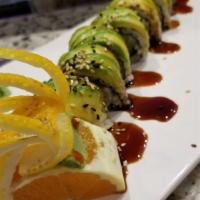 Dragon Roll · Spicy. Eel, cucumber, topped with avocado, eel sauce, and sesame seed.