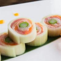 Naruto Roll · Raw. 5 pieces. Very thin cucumber wrapped with yellowtail, salmon, tuna, asparagus, and ponz...