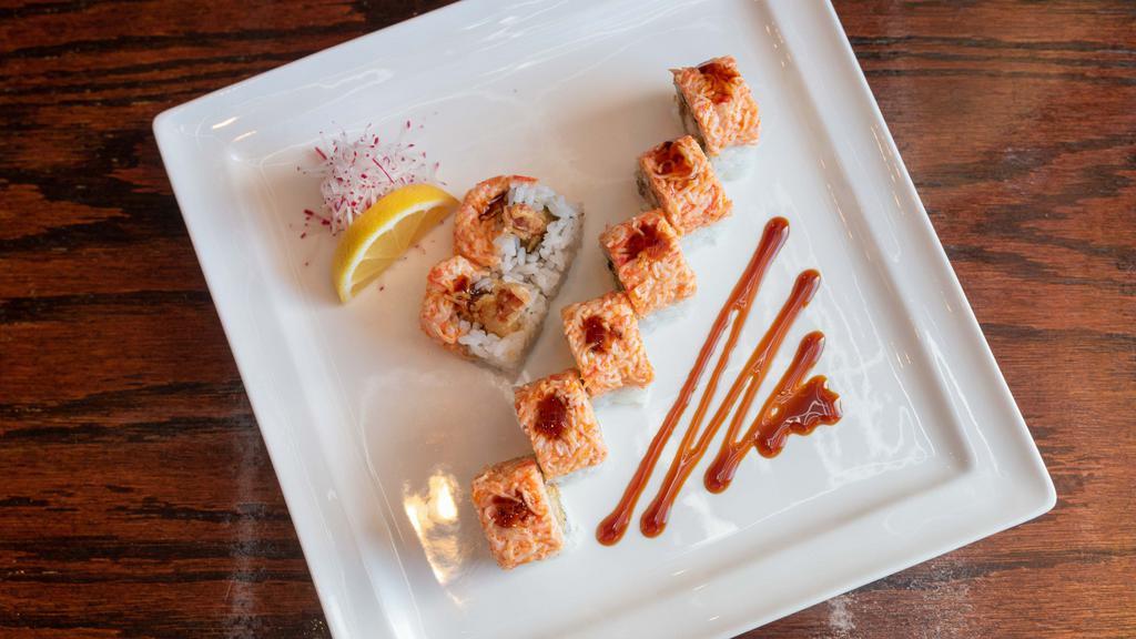 Twin Tower Roll · Shrimp tempura, el crab stick salad on top).