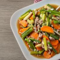Mix Vegetables With Garlic Sauce · Stir-fried vegetables and fried tofu with white rice.