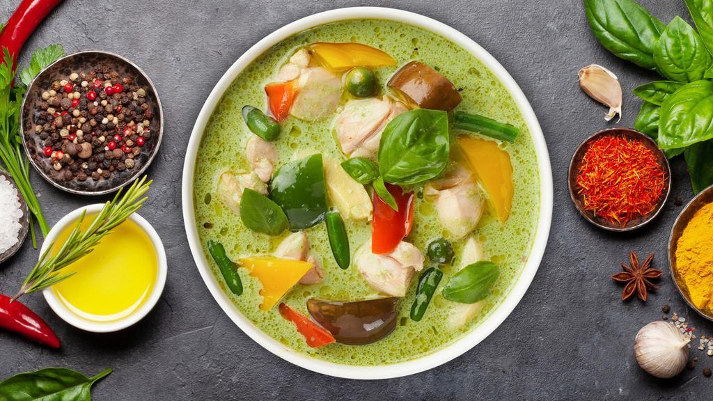 Go Go Green Curry · Broccoli , bamboo , carrots , baby corn ,mushrooms , zucchini , bell peppers, onions , in a creamy curry sauce and fresh basil leaves