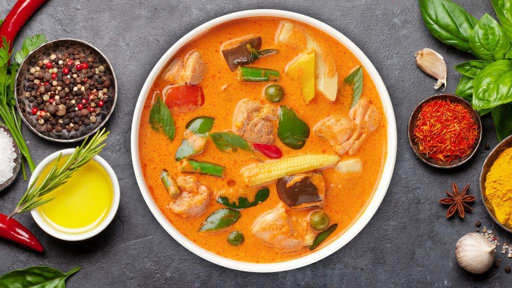 Bang Bang Panang Curry · Bamboo shoots , carrots, baby corn, mushrooms. bell peppers, onions, zucchini in a creamy curry sauce