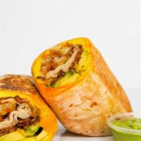 Bacon, Turkey, Avocado, Egg, And Cheddar Burrito · 3 fresh cracked cage-free scrambled eggs, melted Cheddar cheese, bacon, turkey, avocado, and...