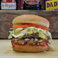 Hot Dog Burger · Burger with sliced Red Hotdog on top, Chili,American Cheese, Mayo, Lettuce, Tomato,Grilled O...