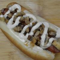 Mushroom Swiss Dog (Brown) · Nathan's,Swiss Cheese, Grilled Mushrooms & Onions, Sodalicious White Sauce