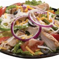 Regular Tuscan Grilled Chicken Salad · Grilled chicken with fresh greens, red onions, green peppers, black olives and tomatoes. Spr...