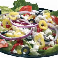 Full Order Mediterranean Salad · Serves 12-16. Fresh greens with red onions, roasted red peppers, black olives, tomatoes and ...