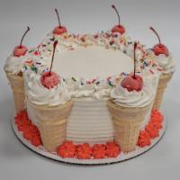 Vanilla Ice Cream, Chocolate Cake · Vanilla ice cream, fudge filling, and Chocolate cake. Decorated with Cake Cones. 8 inch roun...