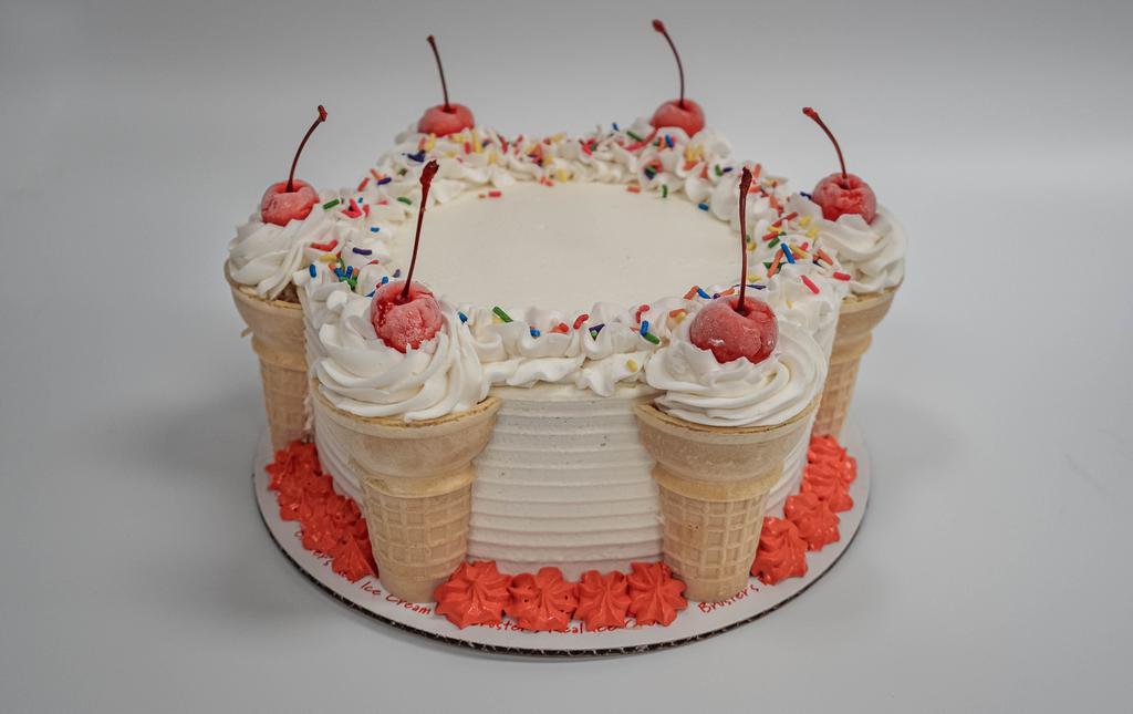 Vanilla Ice Cream, Chocolate Cake · Vanilla ice cream, fudge filling, and Chocolate cake. Decorated with Cake Cones. 8 inch round cake.