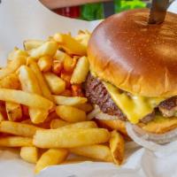 Classic Burger · Grilled 1/2 lb-burger on brioche bun with American cheese, mustard, ketchup, onion and pickl...