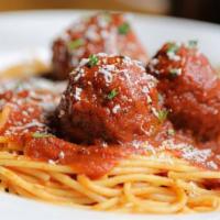 Spaghetti & Meatballs · Ground beef & pork meatballs, tomato sauce