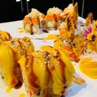 Golden Dragon Roll · Shrimp tempura,cheese inside,Crab meat ,mango top