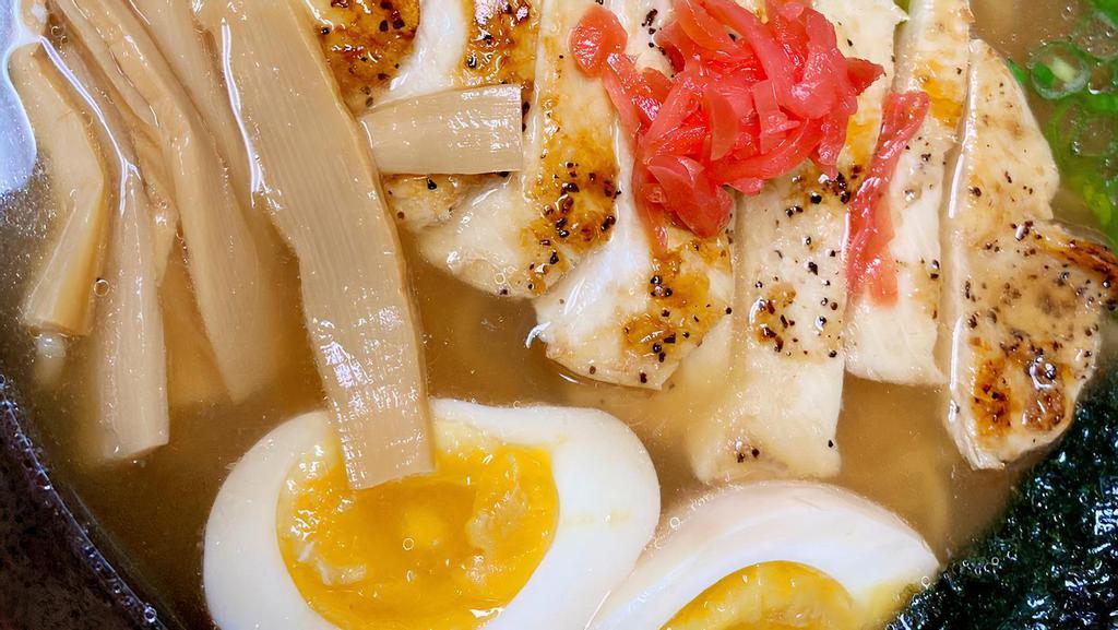 Grilled Chicken Ramen (Shoyu) · grilled shrimp, fish cake, corn, nori, egg.
