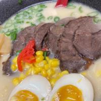 Beef Ramen (Tonkotsu) · Stewed Beef, Egg, Bamboo Shoots, corn, scallions, ginger, nori.