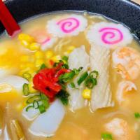 Seafood Ramen (Miso) · Shrimp, squid, egg, fish cake, bamboo shoot, scallops, nori.