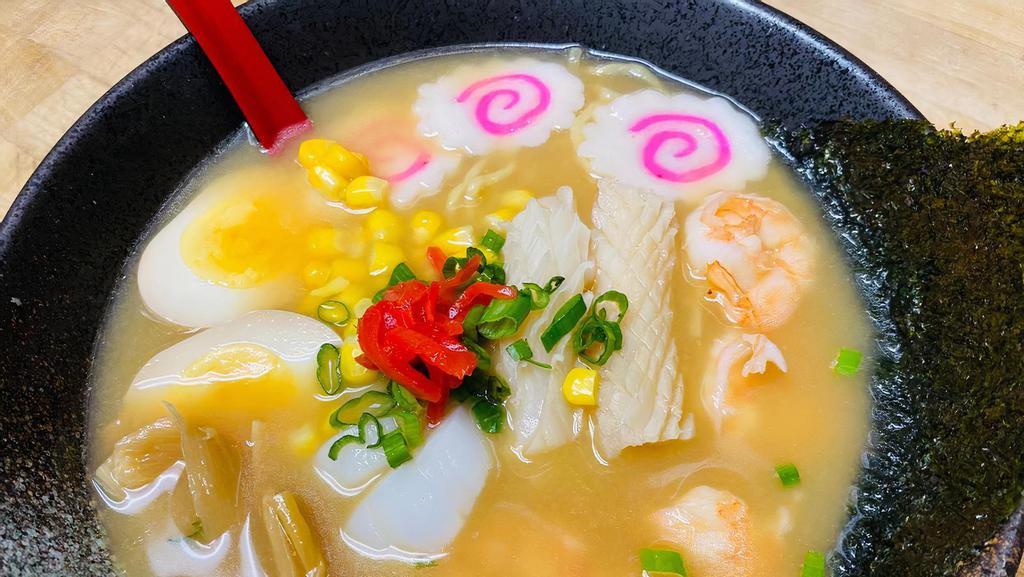 Seafood Ramen (Miso) · Shrimp, squid, egg, fish cake, bamboo shoot, scallops, nori.