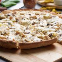 Chicken Delight Pizza · This pizza has our signature creamy garlic sauce, fresh diced mozzarella cheese, fresh mushr...