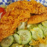 Hot Chicken Salad · 3 jumbo tenders (choose your heat), lettuce, shredded cheese and choice of dressing.
