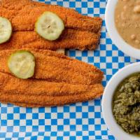 Catfish Platter · Our catfish platters include 2 catfish fillets, white bread, pickles and 2 sides of your cho...