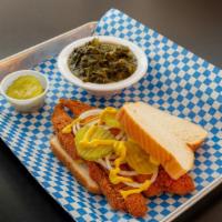 Loaded Catfish Sandwich · Served on white bread with mustard, onions, pickles, coleslaw, and your choice of 1 side.