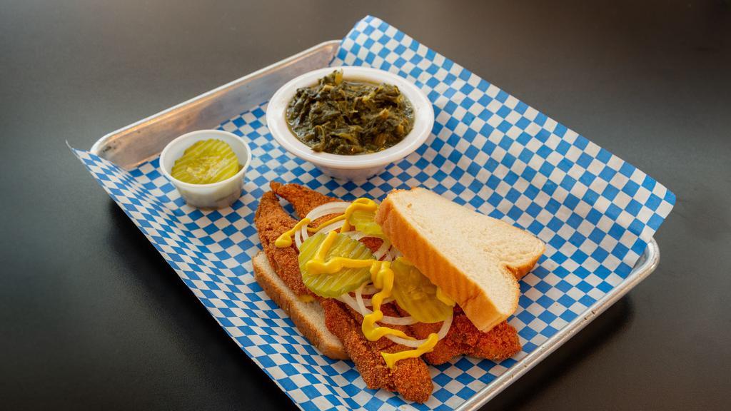 Loaded Catfish Sandwich No Sides · Catfish sandwich includes 1 catfish fillet, mustard, onions, coleslaw, and pickles served on white bread.