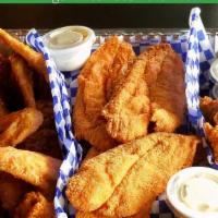 #2 (8) Catfish (4) Tenders, 2 Large Sides & Family Fries · Includes 8 catfish fillets, 4 jumbo chicken tenders, 2 pint size sides, family fries, white ...