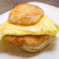 Chicken, Egg & Cheese Biscuit · Breaded chicken breast, egg, and cheese on a buttered biscuit.
