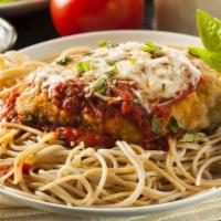 Chicken Parmesan · Lightly breaded chicken breast smothered in a signature marinara sauce and topped with Parme...