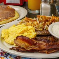Contractors' Combo · two eggs, hash browns, grits, bacon, sausage, a pancake & Jo
