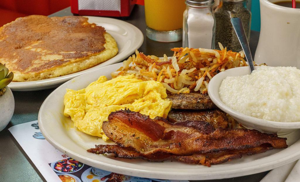 Contractors' Combo · two eggs, hash browns, grits, bacon, sausage, a pancake & Jo