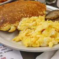 Doc Horn · two eggs, two pancakes, with bacon or sausage & jo
