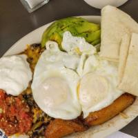Tex Mex Slammer · That Latin influence, hash browns, topped with Slims black beans, melted cheddar, two eggs, ...