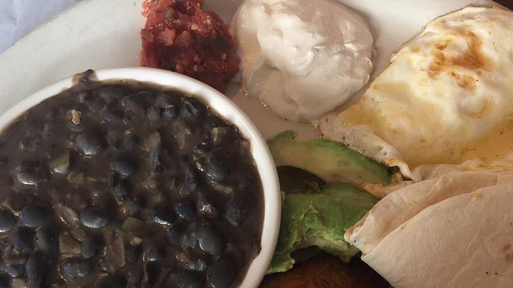 Guatemalan · Buen provecho, two eggs, black beans, Slimsalsa, avocado, plantains & warm tortillas
