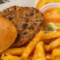 Veggie Burger · Vegetarian/Vegan-No Bun. 100% black bean goodness, lettuce, tomato, pickle & onion, Or Naked...