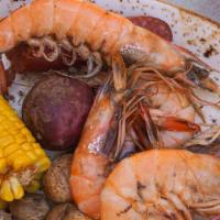 Boiled Shrimp · Half pound of jumbo sized shrimp, corn, sausage, corn, potatoes and mushrooms tossed in our ...