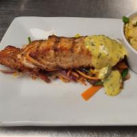 Grilled Salmon · Grilled Salmon, Roasted Corn Jalapeno Grits, Julienne Vegetables, Béarnaise Sauce