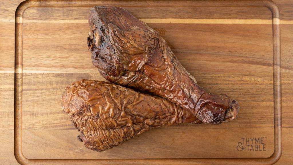 Smoked Turkey Legs · One leg. Approximately 1.75 lbs.
Turkey legs seasoned and smoked. Fully cooked, ready to eat, and great to cook with.