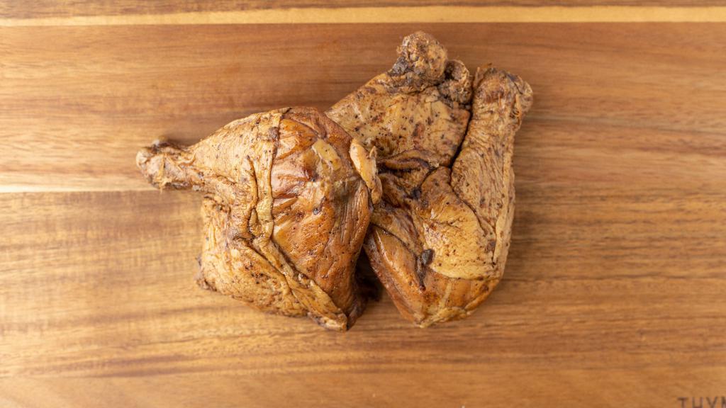 Smoked Chicken Leg Quarters · One pack. Approximately 1 lb.
Chicken leg quarters seasoned and smoked. Fully cooked, ready to eat, and great to cook with.
